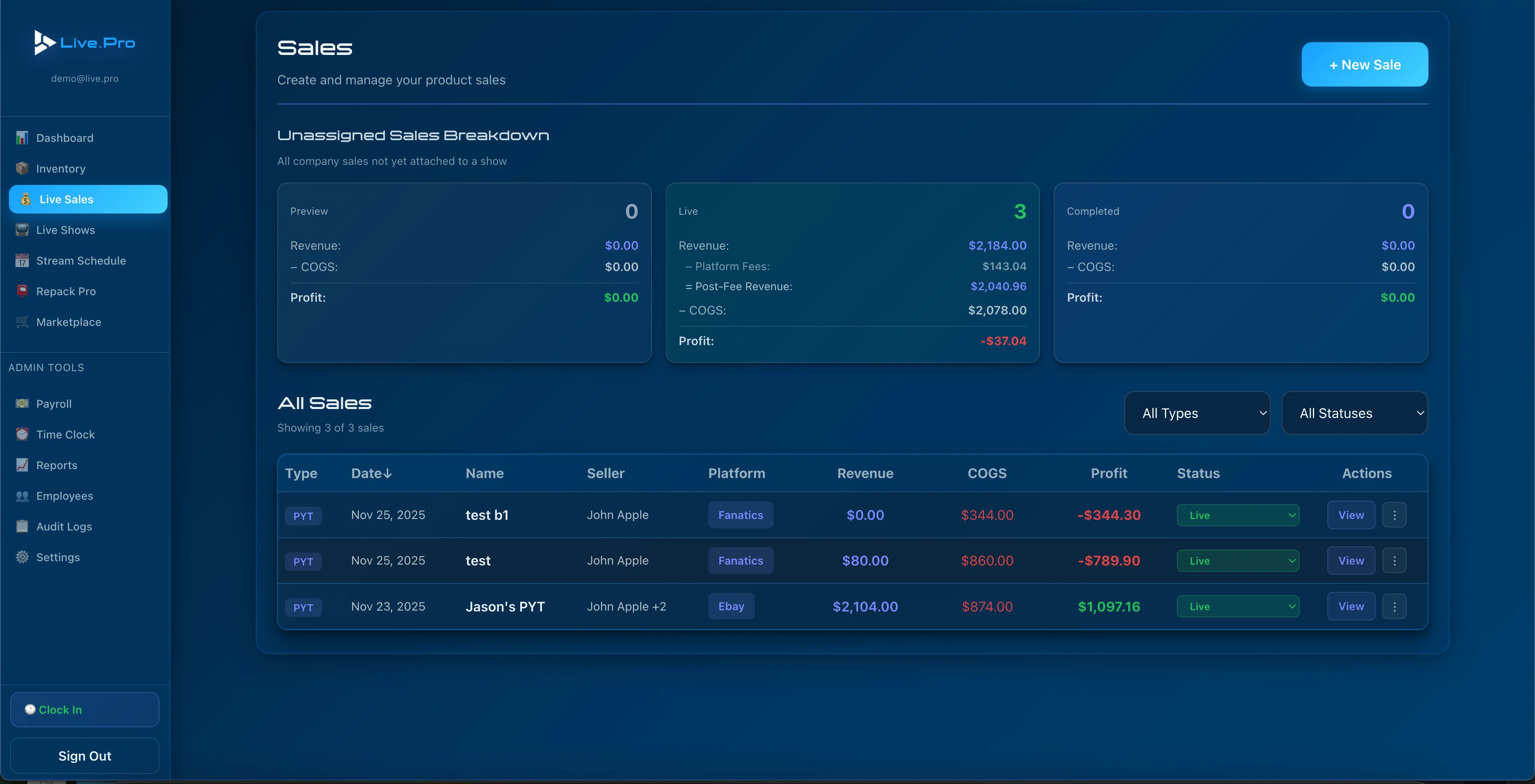 Live Pro Sales Management